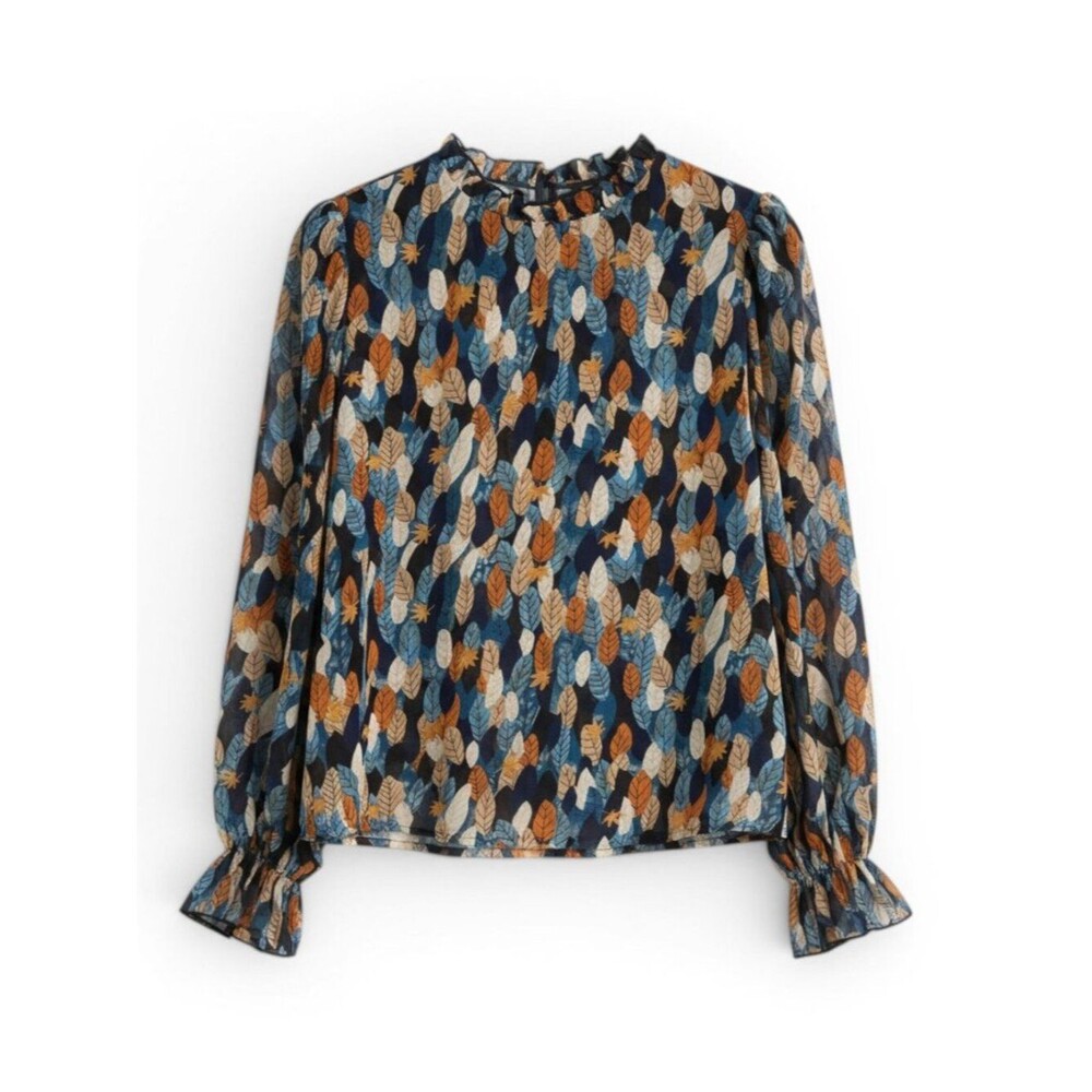 Cupshe Navy Blue Multi Leaf-Print Long-Sleeve Blouse